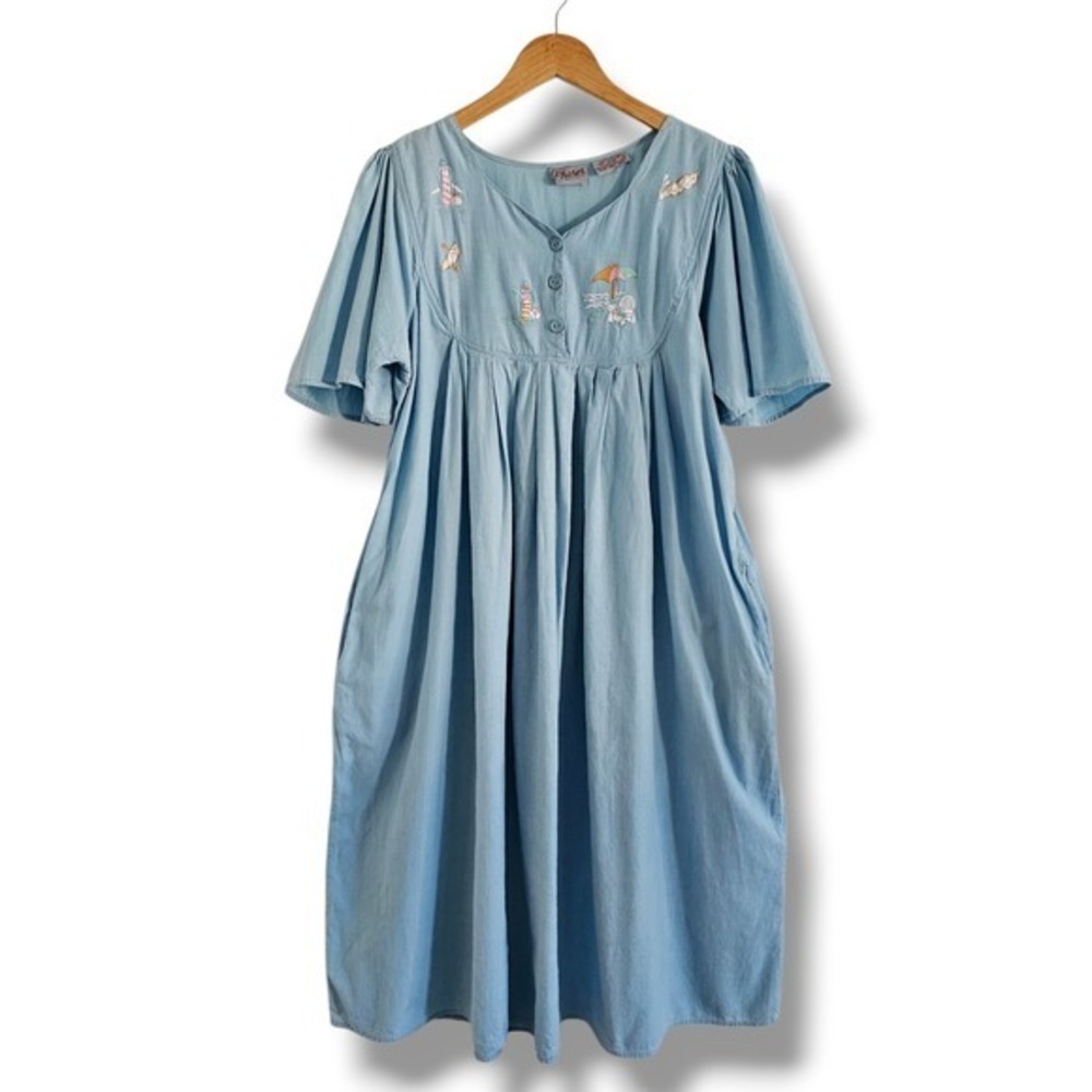 Vintage 90s Midi Dress L Blue Coastal Embroidered Babydoll Pockets Lighthouse